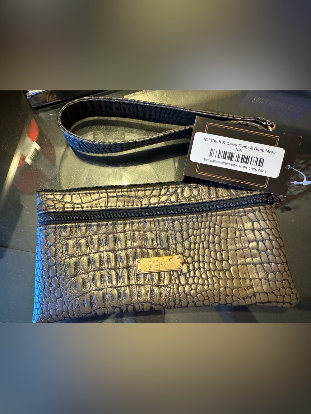 Makeup Junkie Demi More Croc-Embossed Wristlet Pouch in Dark Brown